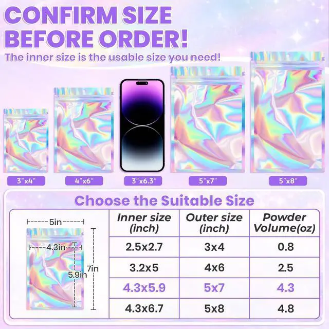 Alt view image 2 of 6 - Holographic Bags 5x7 Mylar Bags Resealable 50PCS, Smell Proof Packaging Bag Pouches Clear Window Goodie Baggies for Snack Candy Jewelry Party Favor, Small Plastic Gift Bag for Small Business