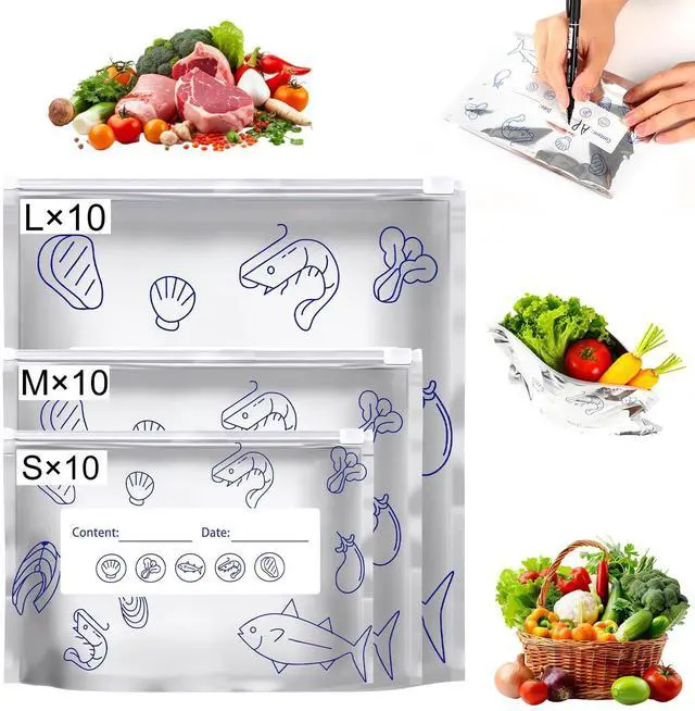 Main image of 30Pcs Reusable Aluminum Foil Sealable Storage Bags,Resealable Vacuum Zipper Pouches,Thicken Stand Up Foil Sealable Bags with Label and Zip Lock,Aluminum Foil Bags for Food,Vegetable Fruit Meat(S+M+L)