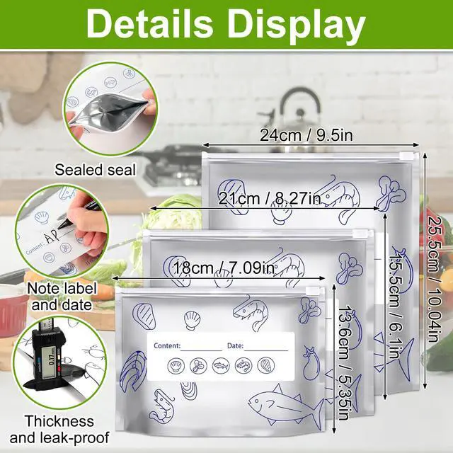 Alt view image 5 of 7 - 30Pcs Reusable Aluminum Foil Sealable Storage Bags,Resealable Vacuum Zipper Pouches,Thicken Stand Up Foil Sealable Bags with Label and Zip Lock,Aluminum Foil Bags for Food,Vegetable Fruit Meat(S+M+L)