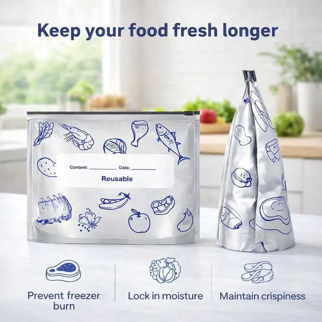 Alt view image 2 of 6 - Reusable Aluminum Foil Sealable Storage Bags, 30 Pack with Label and Zipper Lock, 2026 New Stand-Up Airtight Food Storage Pouches for Fruit, Meat, Snacks, Freezer and Pantry Use (Small)