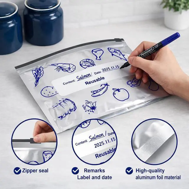 Alt view image 4 of 6 - Reusable Aluminum Foil Sealable Storage Bags, 30 Pack with Label and Zipper Lock, 2026 New Stand-Up Airtight Food Storage Pouches for Fruit, Meat, Snacks, Freezer and Pantry Use (Small)