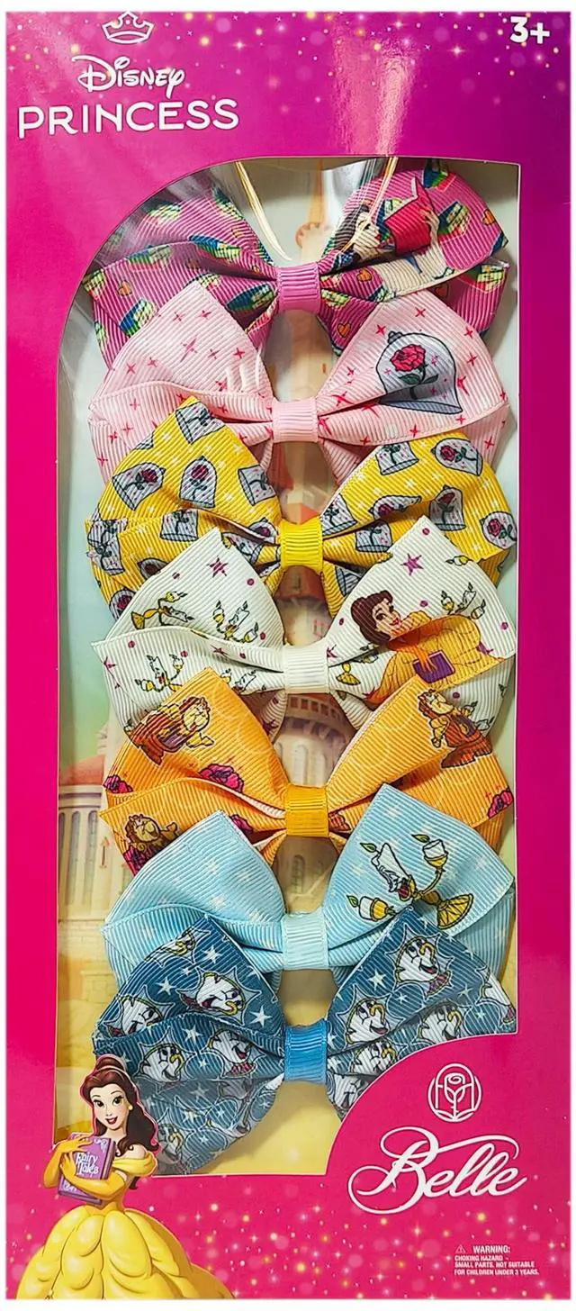 Main image of Disney Princess Belle Alligator Hair Clips for Kids 7-Pack Non-Slip 4-Inch Hair Bows Girls Hair Accessories with Royal Character Prints Ages 3+ Non-Toxic Material
