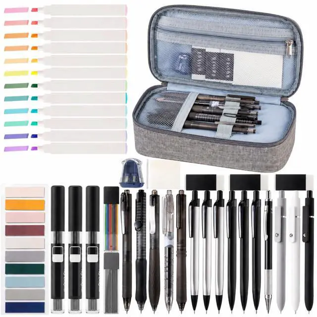 Main image of College Stationery Set with Large Pencil Case Black Retractable Gel Pens Highlighters Mechanical Pencils Pens Sticky Notes Index Tab Set for Men Office Journaling Back to School Supplies