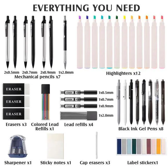 Alt view image 2 of 7 - College Stationery Set with Large Pencil Case Black Retractable Gel Pens Highlighters Mechanical Pencils Pens Sticky Notes Index Tab Set for Men Office Journaling Back to School Supplies