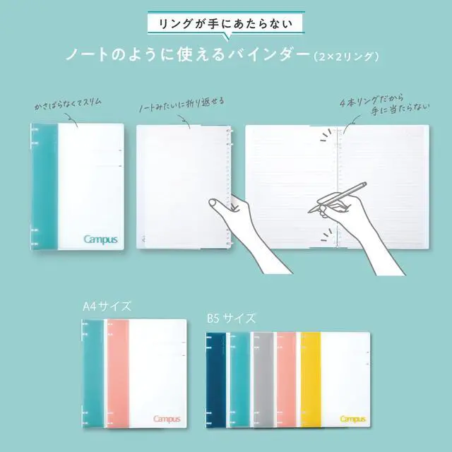 Alt view image 2 of 7 - Campus Refillable Notebook, B5 2x2 Slim Ring Binder Notebook with Customizable Title Page, 40 Sheets Capacity. Suitable for 26 Holes Loose Leaf Paper, Navy (RU-NP704DB)