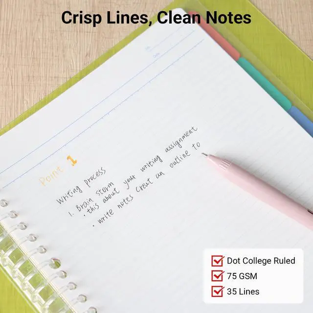 Alt view image 6 of 7 - 5 Subject Spiral Notebook, Campus A4 Refillable Journal with 5 Tab Dividers, Up to 65 Sheet Capacity, 50 Sheets in 7mm Dotted Ruled Loose Leaf Paper, Pink