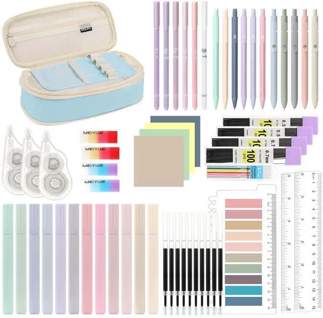 Main image of Pencil Case with Supplies, 60Pcs Aesthetic School Set, Blue
