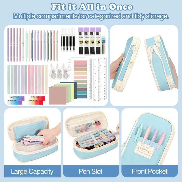 Alt view image 2 of 7 - Pencil Case with Supplies, 60Pcs Aesthetic School Set, Blue