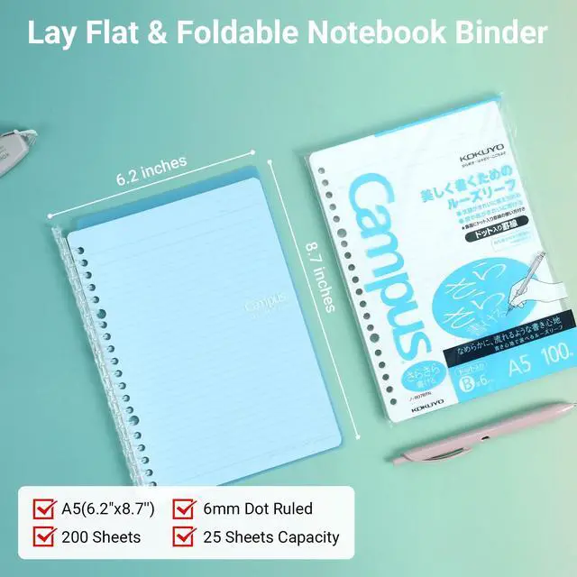 Alt view image 2 of 7 - Campus Smart Ring Binders 5 Pack, A5 Binder Notebooks in 5 Colors, Up to 25 Sheets 20 Holes Slim Binder Folder and 200 Campus Sarasara Loose-leaf Paper for Work, Study and Journal