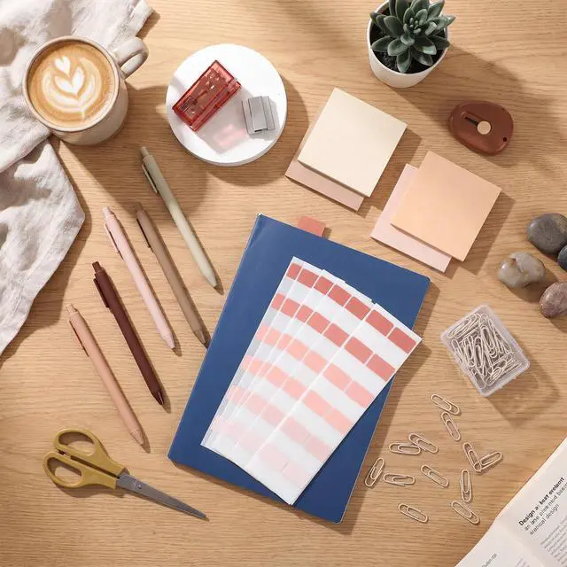 Alt view image 2 of 6 - Khaki Mini Office Supplies Kit School Supplies Desk Accessories with Gel Pens Sticky Notes Stapler 1000 Scissor Paper Clips Index Tabs Box Cutter for Back to School Office