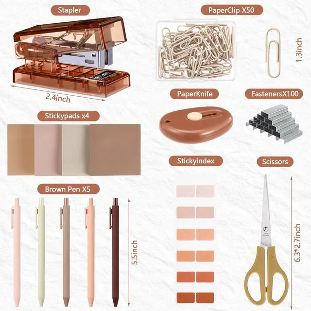 Alt view image 3 of 6 - Khaki Mini Office Supplies Kit School Supplies Desk Accessories with Gel Pens Sticky Notes Stapler 1000 Scissor Paper Clips Index Tabs Box Cutter for Back to School Office