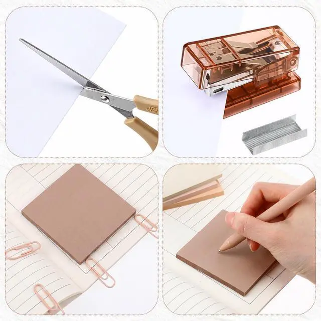 Alt view image 4 of 6 - Khaki Mini Office Supplies Kit School Supplies Desk Accessories with Gel Pens Sticky Notes Stapler 1000 Scissor Paper Clips Index Tabs Box Cutter for Back to School Office