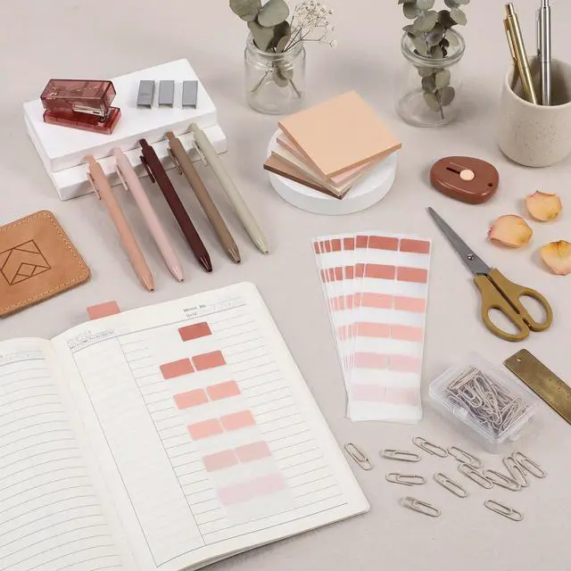 Alt view image 5 of 6 - Khaki Mini Office Supplies Kit School Supplies Desk Accessories with Gel Pens Sticky Notes Stapler 1000 Scissor Paper Clips Index Tabs Box Cutter for Back to School Office