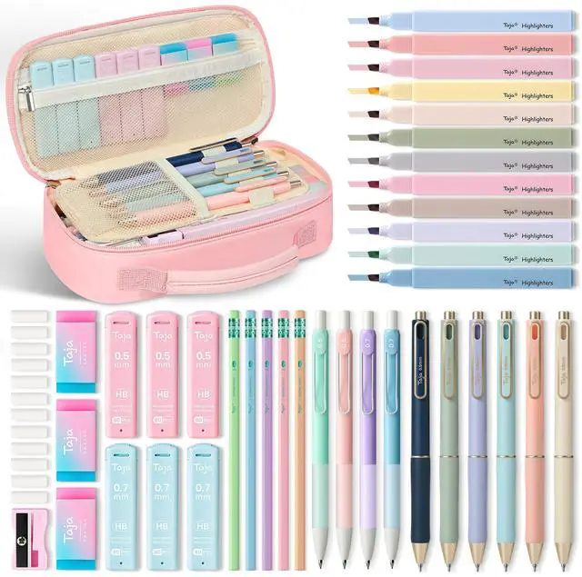 Main image of Cute Pencil Case With Supplies, 39 PCS Aesthetic Stationery Set with Pencil Pouch, 6 Black Ink Gel Pens, 12 Pastel Highlighters, 5 #2 HB Pencils, 4 Mechanical Pencils, Back to School Supplies - Pink
