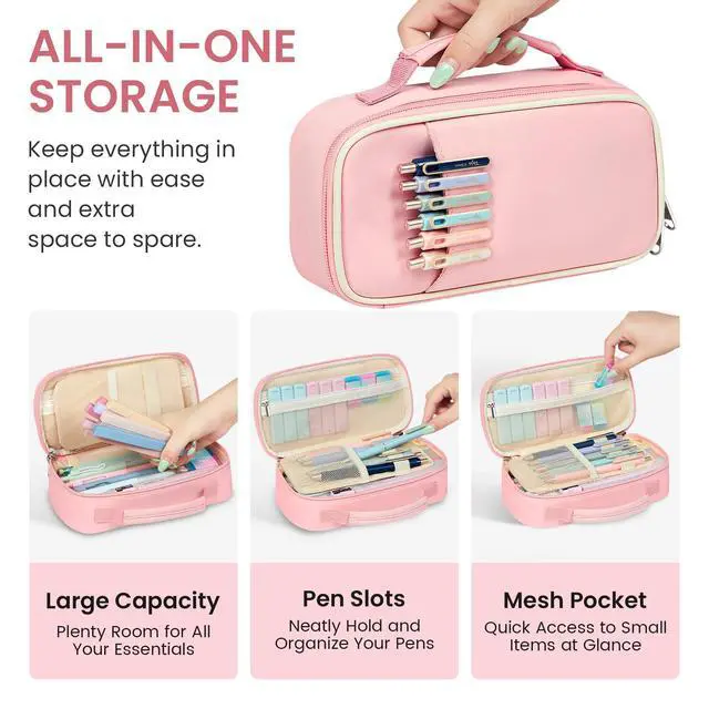 Alt view image 2 of 7 - Cute Pencil Case With Supplies, 39 PCS Aesthetic Stationery Set with Pencil Pouch, 6 Black Ink Gel Pens, 12 Pastel Highlighters, 5 #2 HB Pencils, 4 Mechanical Pencils, Back to School Supplies - Pink