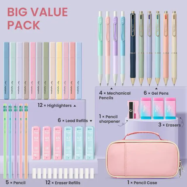 Alt view image 6 of 7 - Cute Pencil Case With Supplies, 39 PCS Aesthetic Stationery Set with Pencil Pouch, 6 Black Ink Gel Pens, 12 Pastel Highlighters, 5 #2 HB Pencils, 4 Mechanical Pencils, Back to School Supplies - Pink