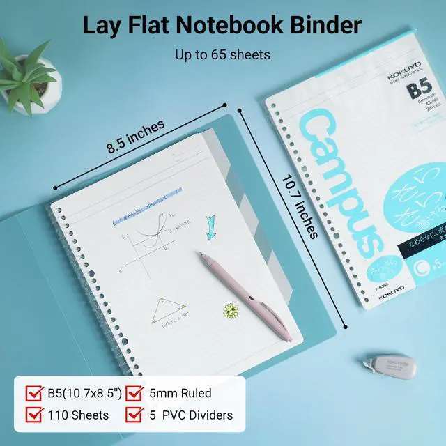 Alt view image 2 of 7 - Refillable Spiral Notebook with Dividers & Tabs, B5 Hardcover 5 Subject Notebook Binder for Work, 100 Sheets, 5mm Ruled, Campus Refillable Business Binder for Study & Office Note Taking, Blue