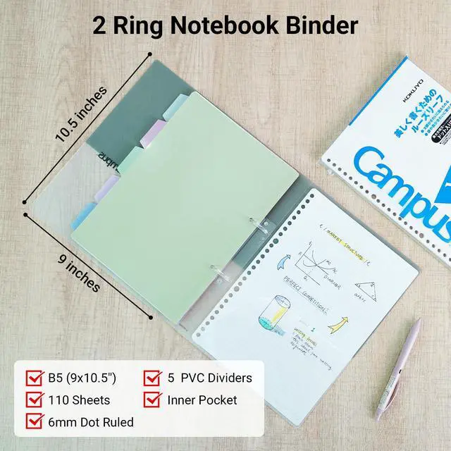 Alt view image 2 of 7 - 5 Subject Spiral Notebook Journal, Campus 110 Sheets B5 Refillable Notebook with Dividers Tabs, 6mm Dot Lined Binder Notebook for Work School Note Taking. 9" x 10.5", Grey