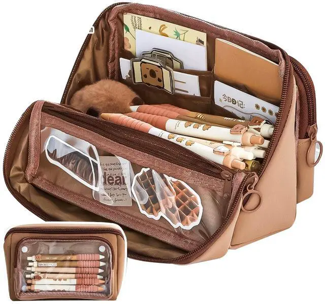 Main image of Large Pencil Pouch Big Pencil Case Big Capacity Aesthetic Pen Cosmetic Bag Pen Stationery Organizer Simple, College Office Home Travel Storage Bag (Brown)