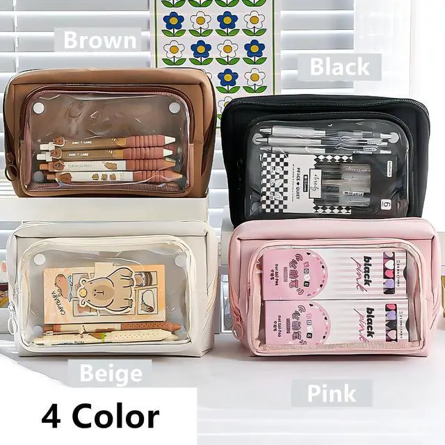 Alt view image 2 of 7 - Large Pencil Pouch Big Pencil Case Big Capacity Aesthetic Pen Cosmetic Bag Pen Stationery Organizer Simple, College Office Home Travel Storage Bag (Brown)