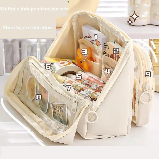 Alt view image 3 of 7 - Large Pencil Pouch Big Pencil Case Big Capacity Aesthetic Pen Cosmetic Bag Pen Stationery Organizer Simple, College Office Home Travel Storage Bag (Brown)