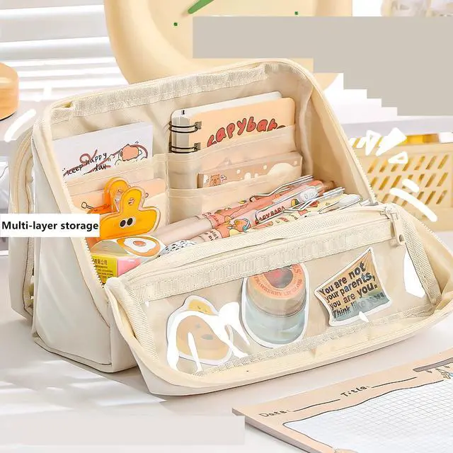 Alt view image 5 of 7 - Large Pencil Pouch Big Pencil Case Big Capacity Aesthetic Pen Cosmetic Bag Pen Stationery Organizer Simple, College Office Home Travel Storage Bag (Brown)