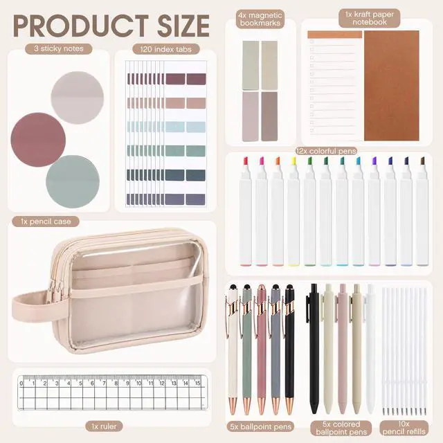 Alt view image 3 of 7 - 52 Pcs Aesthetic University Supplies Pencil Pouch Set Supplies - Special Pencil Case Candies Highlighters, College Must Haves for Women- Pen Case Favor Special Pen Pouch(Beige)