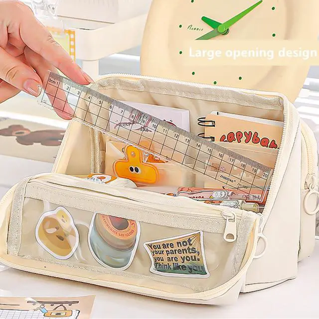 Alt view image 4 of 7 - Large Pencil Pouch Big Pencil Case Big Capacity Aesthetic Pen Cosmetic Bag Pen Stationery Organizer Simple, College Office Home Travel Storage Bag (Brown)