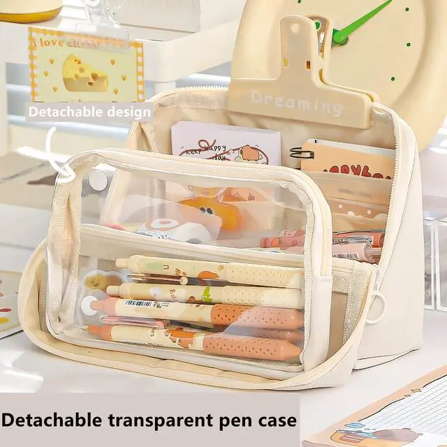 Alt view image 6 of 7 - Large Pencil Pouch Big Pencil Case Big Capacity Aesthetic Pen Cosmetic Bag Pen Stationery Organizer Simple, College Office Home Travel Storage Bag (Brown)