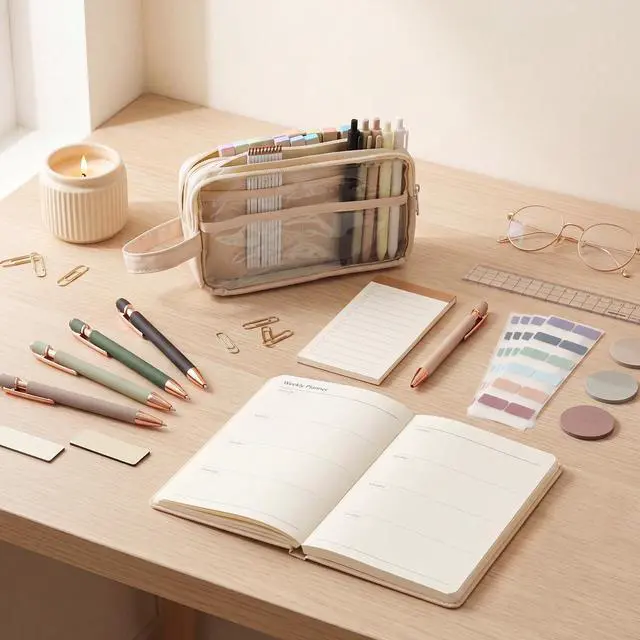 Alt view image 7 of 7 - 52 Pcs Aesthetic University Supplies Pencil Pouch Set Supplies - Special Pencil Case Candies Highlighters, College Must Haves for Women- Pen Case Favor Special Pen Pouch(Beige)