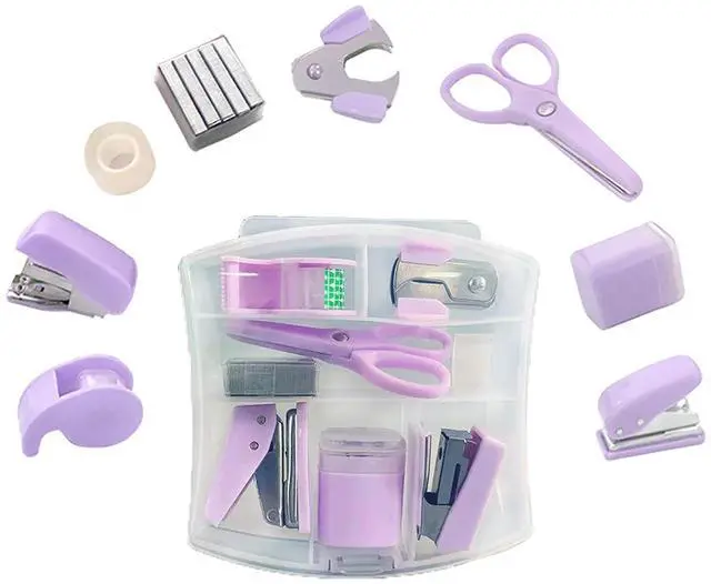 Main image of 8 Pack Mini Office Supply Kit Portable Case with Scissors,Tape Dispenser Set, Punch,Pencil Sharpener, Mini Stapler with Staples and Staple Remover (Purple)