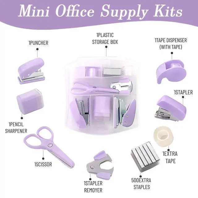 Alt view image 2 of 7 - 8 Pack Mini Office Supply Kit Portable Case with Scissors,Tape Dispenser Set, Punch,Pencil Sharpener, Mini Stapler with Staples and Staple Remover (Purple)
