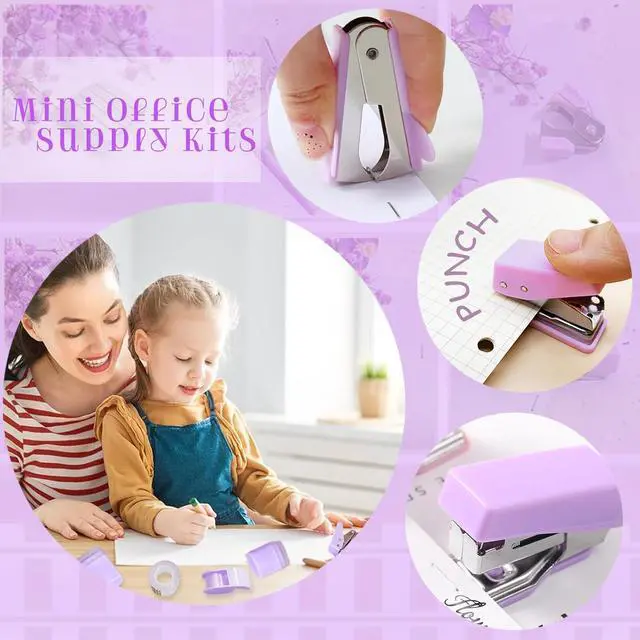Alt view image 3 of 7 - 8 Pack Mini Office Supply Kit Portable Case with Scissors,Tape Dispenser Set, Punch,Pencil Sharpener, Mini Stapler with Staples and Staple Remover (Purple)
