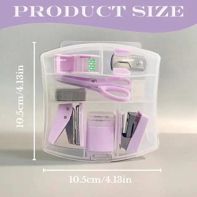 Alt view image 4 of 7 - 8 Pack Mini Office Supply Kit Portable Case with Scissors,Tape Dispenser Set, Punch,Pencil Sharpener, Mini Stapler with Staples and Staple Remover (Purple)
