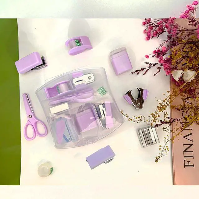 Alt view image 5 of 7 - 8 Pack Mini Office Supply Kit Portable Case with Scissors,Tape Dispenser Set, Punch,Pencil Sharpener, Mini Stapler with Staples and Staple Remover (Purple)