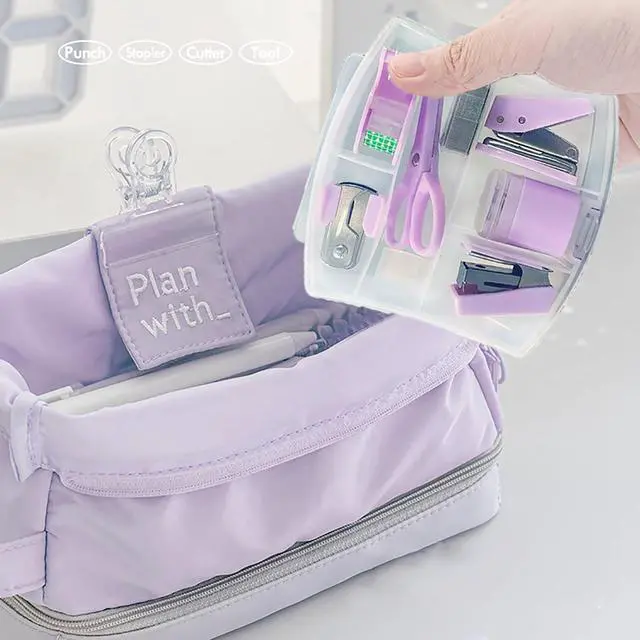 Alt view image 6 of 7 - 8 Pack Mini Office Supply Kit Portable Case with Scissors,Tape Dispenser Set, Punch,Pencil Sharpener, Mini Stapler with Staples and Staple Remover (Purple)