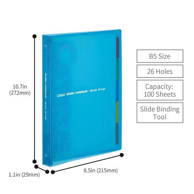 Alt view image 2 of 5 - Campus Slide Binder with 5 Tab Dividers, Middle Type, B5, 26 Holes, Up to 100 Sheets, 3 Colors of Blue, Pink & Transparent, Japan Import (RU-P333)