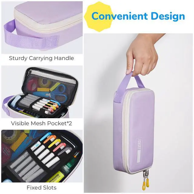 Alt view image 5 of 6 - Pencil Case for Men Women, Large Pen Bag for Adults, Portable Pencil Pouch Aesthetic with Handle, Zipper Cases for Office Organizer Light Purple for Girls
