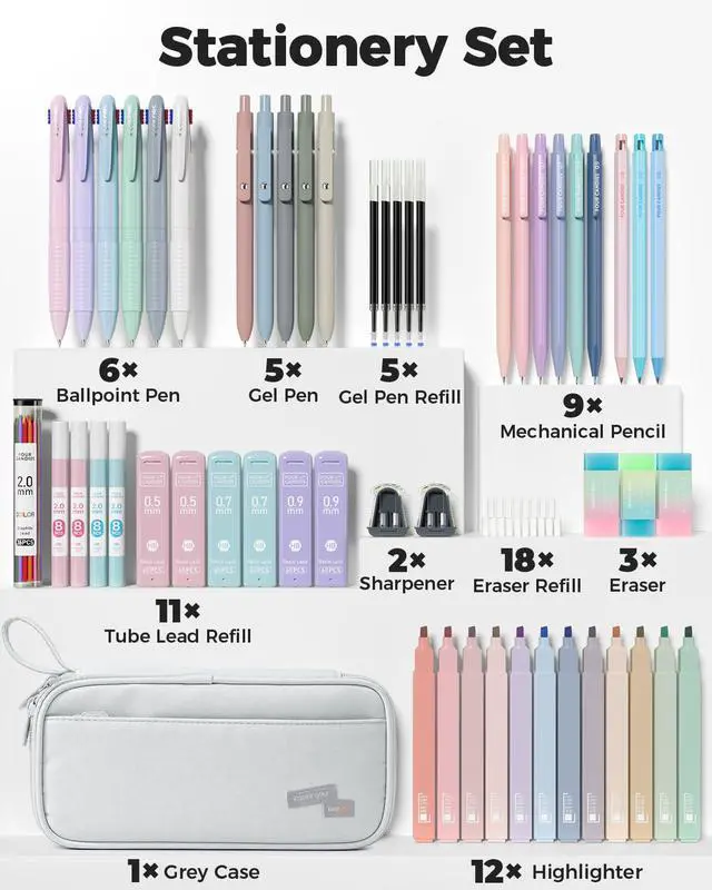 Alt view image 2 of 7 - 56 PCS Aesthetic School Supplies with Pencil Case (Grey)