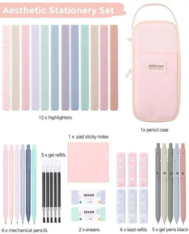 Alt view image 7 of 7 - School Supplies Kit, 38 PCS Cute Stationery Set with Large Pencil Case, Pens, Mechanical Pencil Set, Highlighters & Refills, Aesthetic School Supplies for Girls, College, Back to School Pink