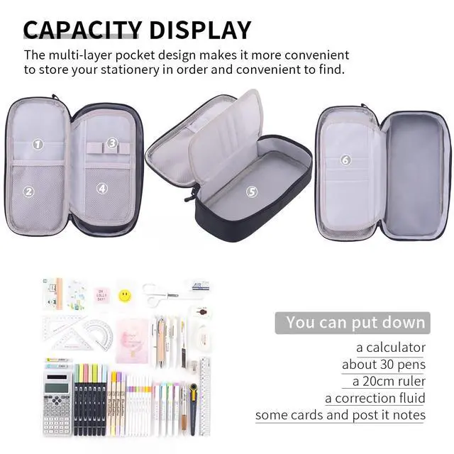 Alt view image 3 of 6 - Durable Pen Pencil Case for School Supplies, High Capacity Pencil Bag Pouch Organizer for Teen Girls Boys Adults, Black
