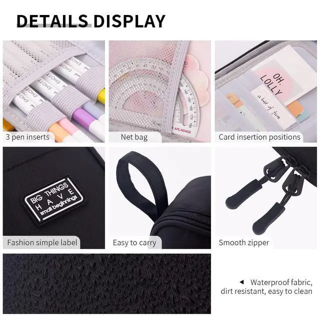 Alt view image 5 of 6 - Durable Pen Pencil Case for School Supplies, High Capacity Pencil Bag Pouch Organizer for Teen Girls Boys Adults, Black