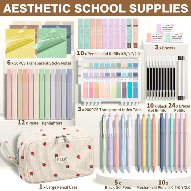 Alt view image 2 of 7 - 62PCS Aesthetic School Supplies Cute Back to School Supplies Stationary Set