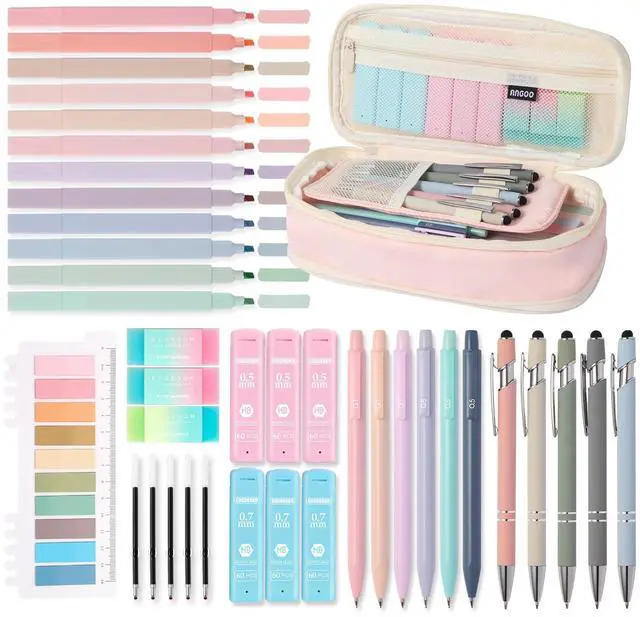 Main image of 39PCS Aesthetic School Supplies with Cute Pencil Case, 5X Ballpoint Pens with Stylus Tip, 12X Pastel Highlighters, 6X Mechanical Pencil Set 0.5&0.7mm, Suit for Preppy School College Essentials (pink)