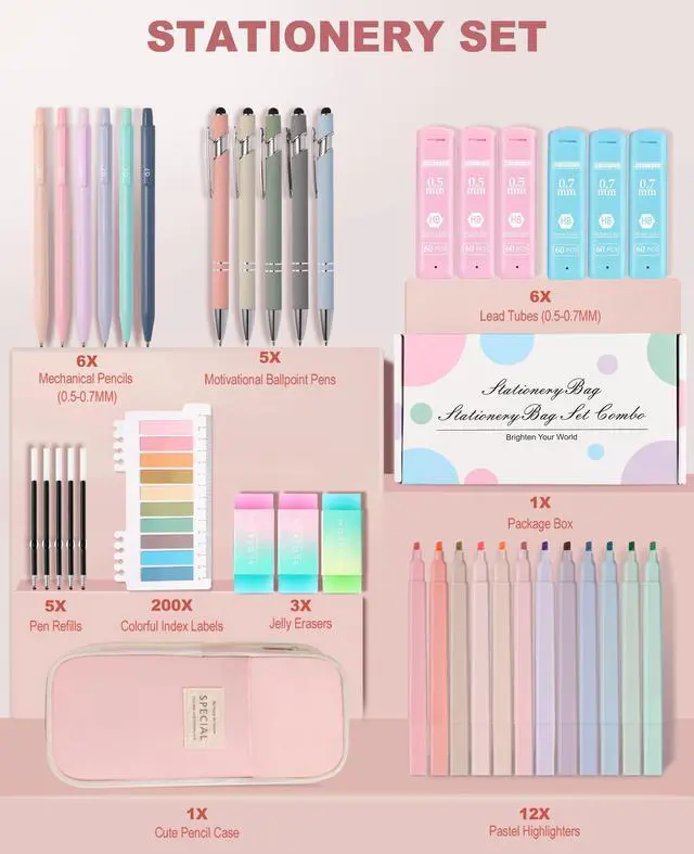 Alt view image 2 of 7 - 39PCS Aesthetic School Supplies with Cute Pencil Case, 5X Ballpoint Pens with Stylus Tip, 12X Pastel Highlighters, 6X Mechanical Pencil Set 0.5&0.7mm, Suit for Preppy School College Essentials (pink)