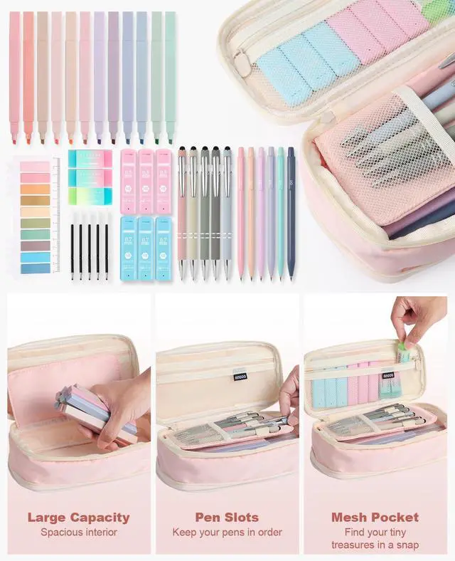 Alt view image 7 of 7 - 39PCS Aesthetic School Supplies with Cute Pencil Case, 5X Ballpoint Pens with Stylus Tip, 12X Pastel Highlighters, 6X Mechanical Pencil Set 0.5&0.7mm, Suit for Preppy School College Essentials (pink)
