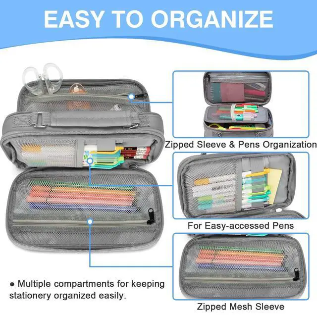 Alt view image 3 of 7 - Pencil Case, Large Pencil Pouch with Compartments for Middle School,Work,Office Pen Organizer Holder School Supply Gray