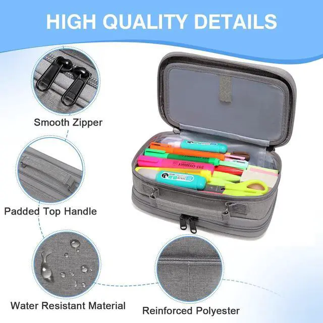 Alt view image 4 of 7 - Pencil Case, Large Pencil Pouch with Compartments for Middle School,Work,Office Pen Organizer Holder School Supply Gray