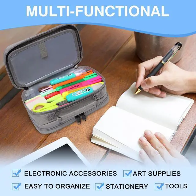 Alt view image 6 of 7 - Pencil Case, Large Pencil Pouch with Compartments for Middle School,Work,Office Pen Organizer Holder School Supply Gray