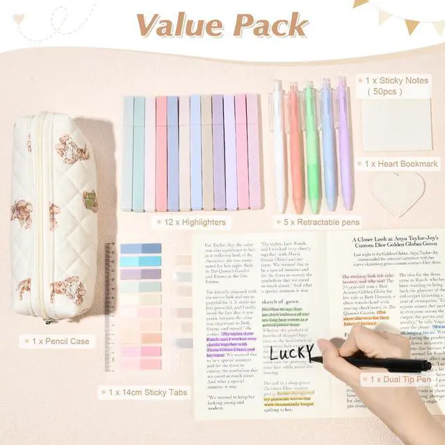 Alt view image 2 of 7 - 22Pcs Book Annotation Kit Aesthetic Pencil Case with Supplies School Annotation Supplies Gel Pen Transparent Sticky Note Taking Bible Study College Stationery Supplie (Bear Cub Print)